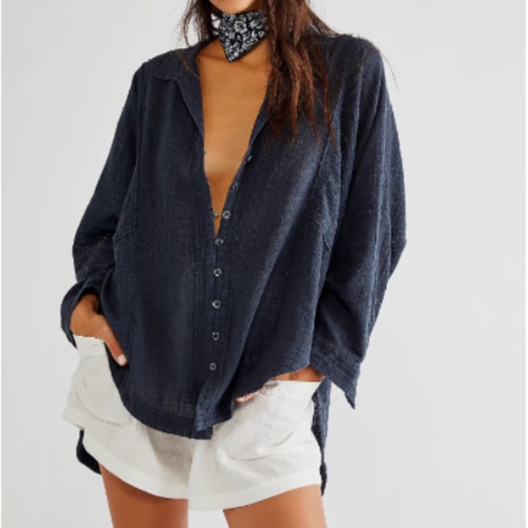 We the Free/Free People One and Only 100% Cotton Button-down Top, L, Navy - Picture 1 of 5